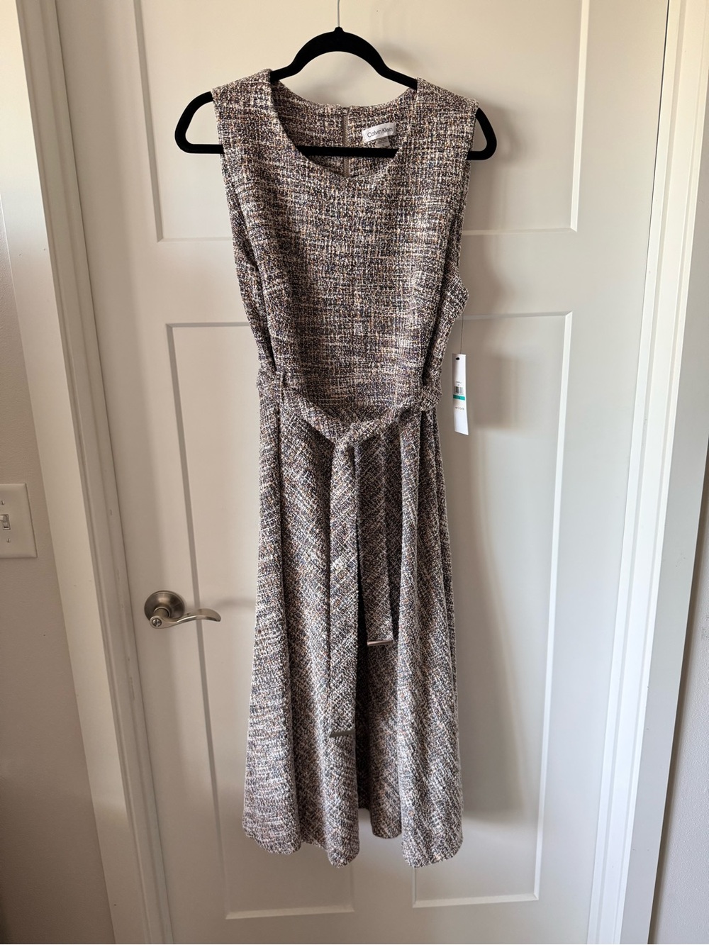 Calvin Klein Multicolor Tweed Sleeveless Midi Dress with Waist Tie NWT Size 16